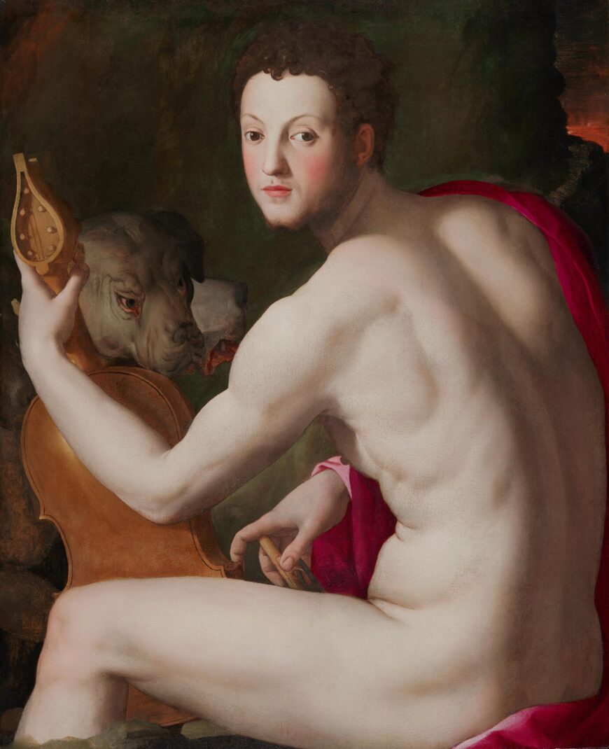 Agnolo Bronzino, Portrait of Cosimo I de' Medici as Orpheus, c. 1537–39, oil on panel, 114.3 x 96.5 x 10.5 cm (Philadelphia Museum of Art)