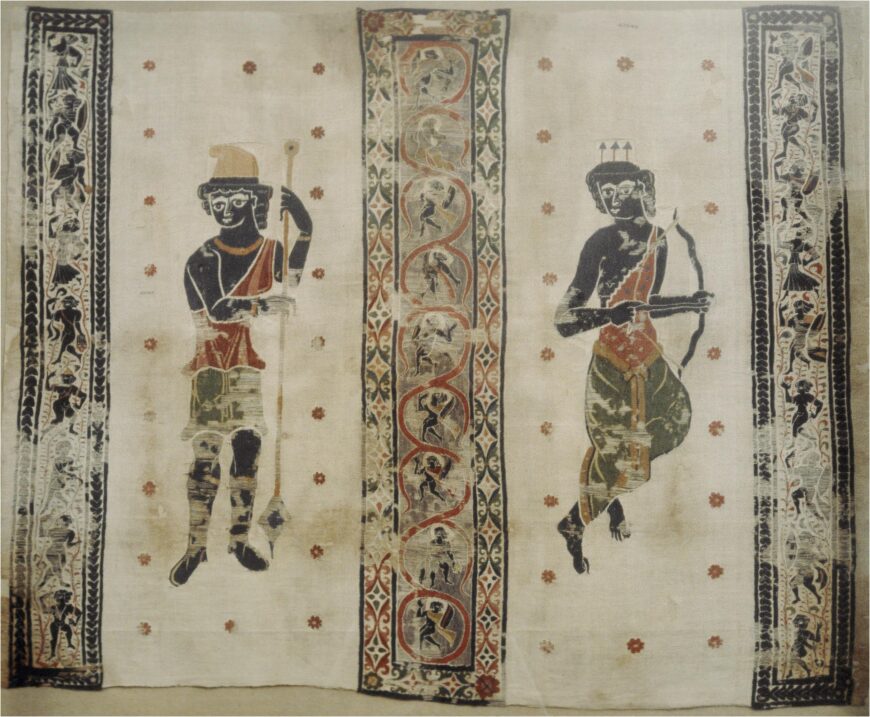 Textile Fragment with Artemis and Actaeon, 5th century (Byzantine; Akhmim [?], Egypt), linen and wool; tapestry and plain weave, 147.3 x 183 cm (© The Trustees of the British Museum, London)