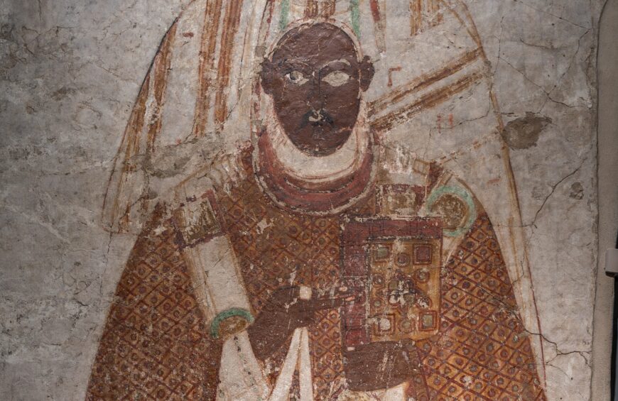 Wall Painting with Bishop Petros Protected by Saint Peter, late 10th century, Nubian (Faras), plaster and tempera, 240 × 101 × 4.8 cm (National Museum, Warsaw)