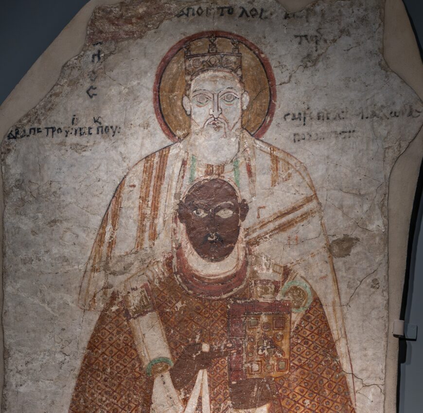 Wall Painting with Bishop Petros Protected by Saint Peter, late 10th century, Nubian (Faras), plaster and tempera, 240 × 101 × 4.8 cm (National Museum, Warsaw)