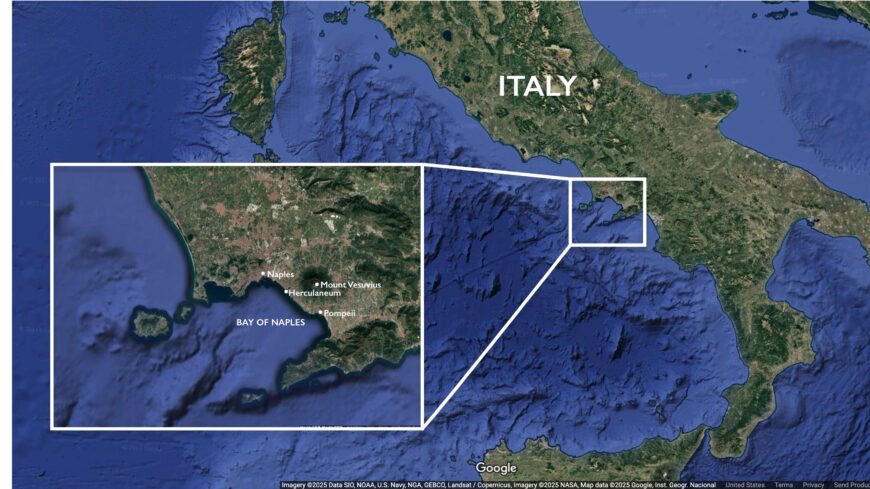 Map of Italy showing the Bay of Naples, with the location of Naples, Pompeii, Herculaneum, and Mount Vesuvius (underlying map © Google)