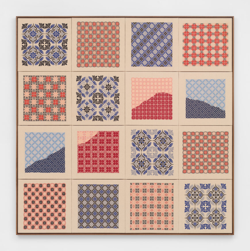 Jordan Nassar, A Mountain Looms, 2023, hand-embroidered cotton on cotton, 213.4 x 213.4 x 2.5 cm (Courtesy of Private Collection and Jordan Nassar; photo: Dan Bradica) © Jordan Nassar