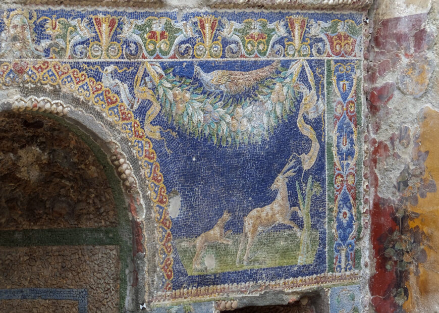 Peacock, stag harassed by a dog, Nymphaeum, before 79 C.E., mosaic, garden of the House of Neptune and Amphitrite, Herculaneum (photo: Amphipolis, CC BY-SA 2.0)