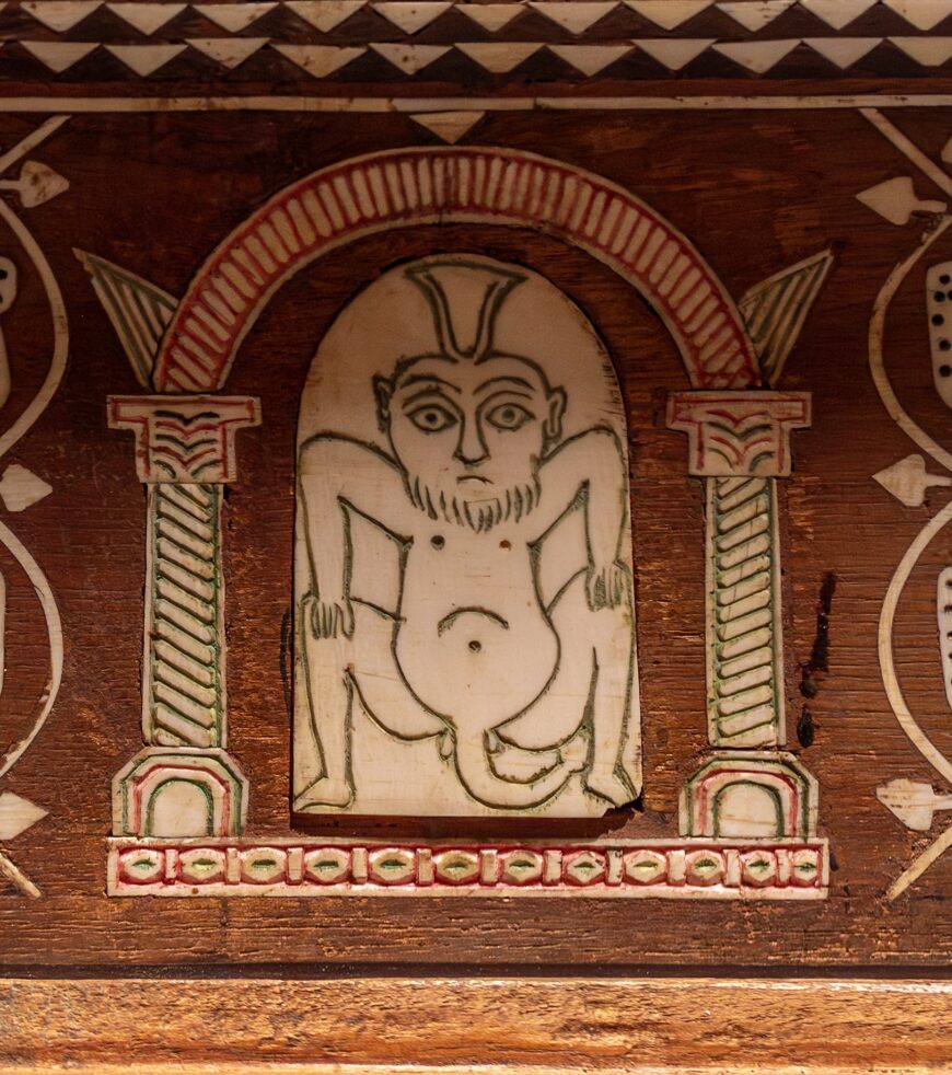 Bes (detail), Bridal Chest, 4th–6th century C.E. (Nubian; Qustul, Egypt), wood and ivory, 75 x 80 cm (The Egyptian Museum, Cairo; photo: Steven Zucker, CC BY-NC-SA 2.0)