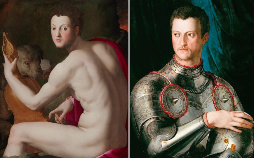 Left: Agnolo Bronzino, Portrait of Cosimo I de' Medici as Orpheus, oil on panel, 114.3 x 96.5 x 10.5 cm (Philadelphia Museum of Art); right: Agnolo Bronzino, Portrait of Cosimo I de' Medici in Armor, c. 1545, oil on panel, 76 x 59 cm (National Museum in Poznań)