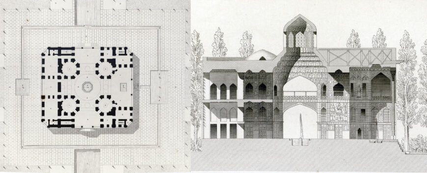 Plan and section, Pavillon of Eight Paradises (Hasht Behesht) from Pascal-Xavier Coste, Modern monuments of Persia, volume 1 (Paris: A. Morel, 1867), plate 37