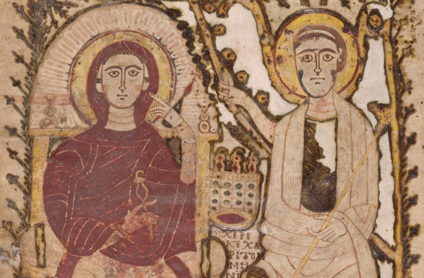Mary and Gabriel (detail), Annunciation, frontispiece for Miscellany in Honor of the Virgin Mary, produced in the Touton scriptorium, 913–914 (Fayyūm Province, Egypt), ink on parchment, 26.8 x 35.1 cm (The Morgan Library & Museum, New York)