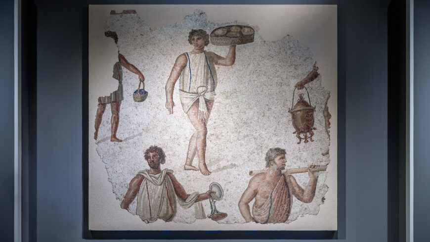 Mosaic Panel with Preparations for a Feast, 4th quarter of the 2nd century, marble, limestone, glass paste, 213 x 235 x 6.5 cm (Musée du Louvre, Paris; photo: Steven Zucker, CC BY-NC-SA 2.0)