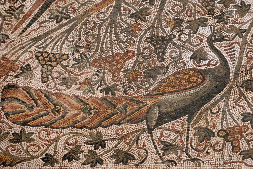 Peacocks and vines were used pagan imagery and then adopted by early Christians. Mosaic with peacocks, Basilica of Justinian, Sabratha (North Africa), 527–565 C.E. (photo: Carsten ten Brink, CC BY-NC-ND 2.0)