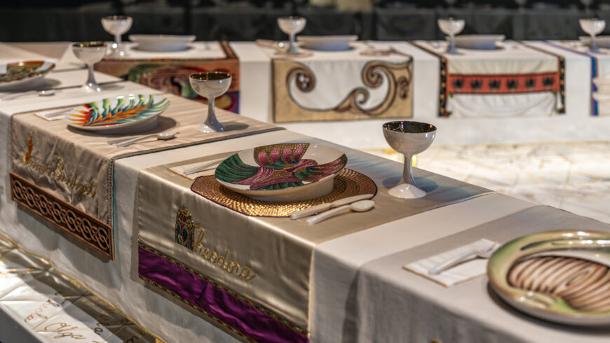Empress Theodora's place (detail), Judy Chicago, The Dinner Party, 1974–79, ceramic, porcelain, and textile, 1463 x 1463 cm (Brooklyn Museum; photo: Steven Zucker, CC BY-NC-SA 2.0)