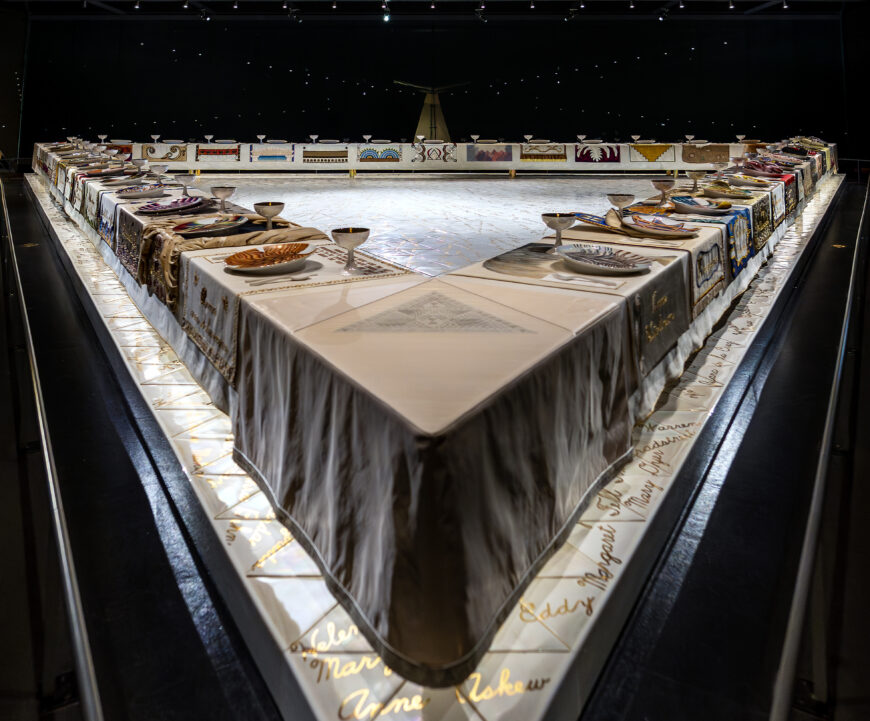Judy Chicago, The Dinner Party, 1974–79, ceramic, porcelain, and textile, 1463 x 1463 cm (Brooklyn Museum; photo: Steven Zucker, CC BY-NC-SA 2.0)