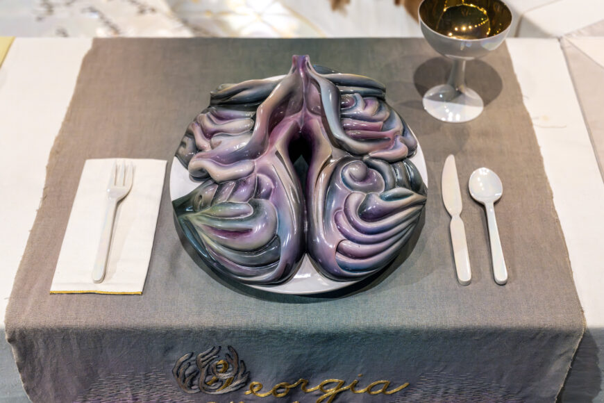 Georgia O'Keeffe's place setting (detail), Judy Chicago, The Dinner Party, 1974–79, ceramic, porcelain, and textile, 1463 x 1463 cm (Brooklyn Museum; photo: Steven Zucker, CC BY-NC-SA 2.0)
