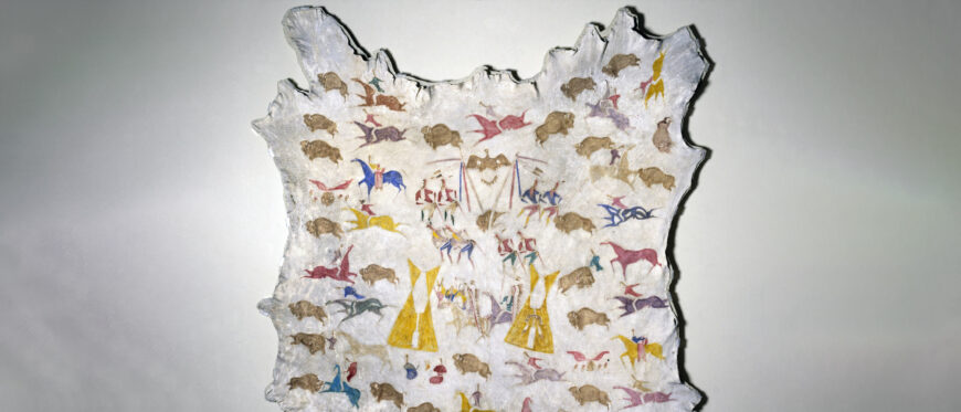 Attributed to Cotsiogo, Hide painting of the Sun Dance, c. 1890–1900 (Eastern Shoshone), elk hide and pigment, 205.7 x 198.1 cm (Brooklyn Museum)