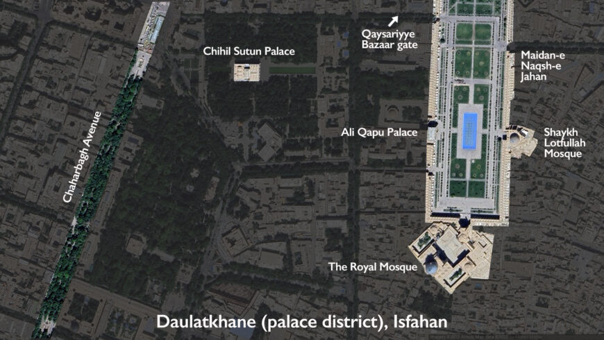 Aerial view of the daulatkhane (palace district) in Isfahan (underlying map © Google)