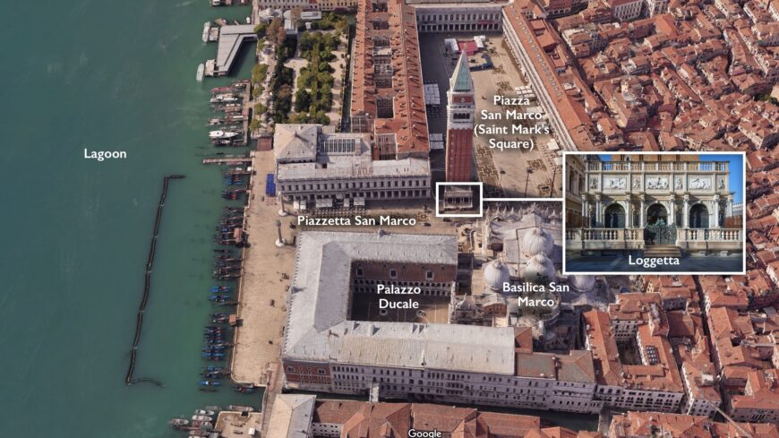 Map showing the location of the Loggetta in the Piazza San Marco (aerial view; underlying map © Google)