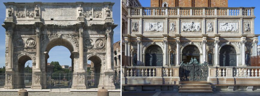 Left: Arch of Constantine, 312–315 C.E., and older spolia, marble and porphyry, Rome (photo: Steven Zucker, CC BY-NC-SA 2.0); right: Jacopo Sansovino, Loggetta, Piazza San Marco, Venice, 1538–46 (photo: Steven Zucker, CC BY-NC-SA 4.0)