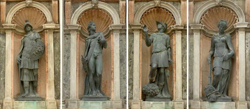 Jacopo Sansovino, bronze sculptures of (left to right) Pallas Athena, Apollo, Mercury, and Pax (Peace) on the façade of the Loggetta, Piazza San Marco, Venice, 1545 (photo: Wolfgang Moroder, CC BY-SA 3.0)