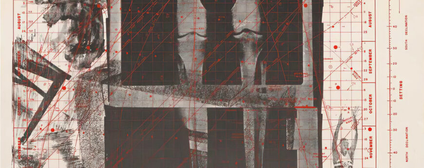 X-ray of legs overlaid with charts and other images (detail), Robert Rauschenberg, Booster, 1967, lithograph and screen print, 181.7 x 89.3 cm, printed by Gemini G.E.L., Los Angeles (The Museum of Modern Art, New York) © Robert Rauschenberg Foundation
