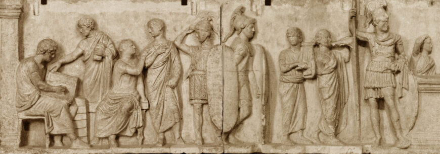 Altar of Domitius Ahenobarbus (left half), late 2nd century B.C.E. (Roman), marble, 84 x 566 cm (Musée du Louvre, Paris)