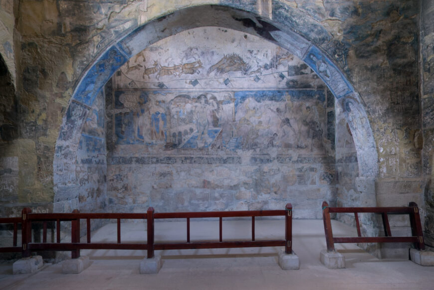 Fresco on the west wall of the reception hall, Quṣayr ʿAmra, Jordan, 724–744 C.E. (Umayyad), stone masonry, interior decorated with wall frescoes and mosaic floors, patron: the prince al-Walid ibn Yazid ibn ʿAbd al-Malik (photo: MCID Columbia University)