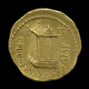 Gold coin, possibly depicting the now-lost Temple of Neptune in Rome, minted by Domitius Ahenobarbus, grandson of the the altar's patron, c. 41 B.C.E., gold (© The Trustees of the British Museum, London)