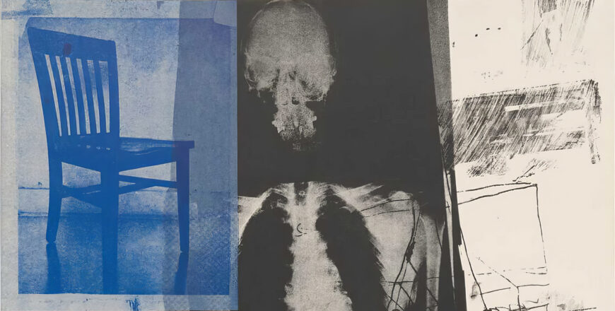 Chair, X-ray of a skull, and scribbly marks (detail), Robert Rauschenberg, Booster, 1967, lithograph and screen print, 181.7 x 89.3 cm, printed by Gemini G.E.L., Los Angeles (The Museum of Modern Art, New York) © Robert Rauschenberg Foundation