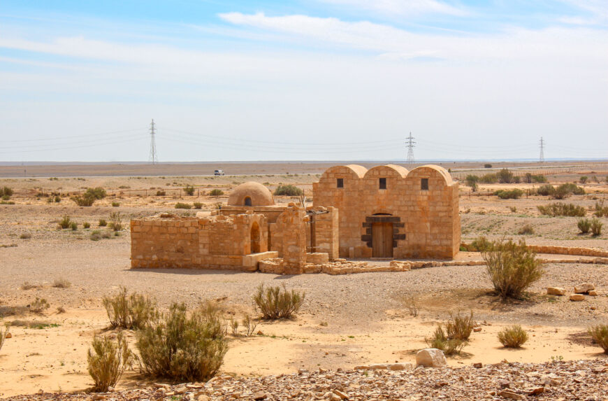 View of the site from north, Quṣayr ʿAmra, Jordan, 724–744 C.E. (Umayyad), stone masonry, interior decorated with wall frescoes and mosaic floors, patron: the prince al-Walid ibn Yazid ibn ʿAbd al-Malik (photo: Otto Nieminen/Manar al-Athar)
