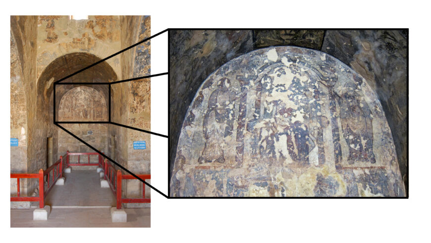 Throne alcove (left) and detail of illustration of enthroned prince (right), Quṣayr ʿAmra, Jordan, 724–744 C.E. (Umayyad), stone masonry, interior decorated with wall frescoes and mosaic floors, patron: the prince al-Walid ibn Yazid ibn ʿAbd al-Malik (left photo: Christian Sahner/Manar al-Athar; right photo: Sean Leatherbury/Manar al-Athar)