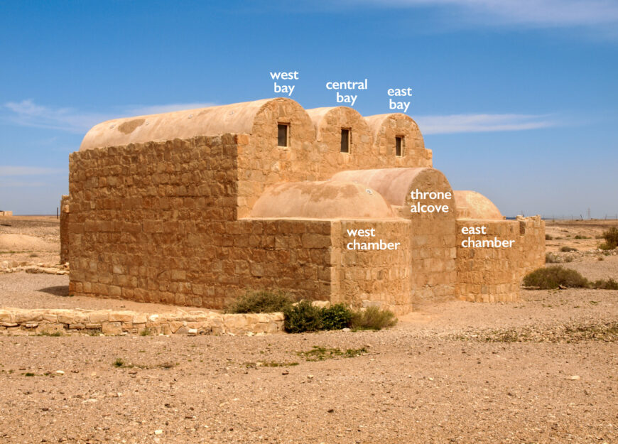 Exterior of the throne alcove and two flanking chambers with labels "west bay," "center bay," "east bay," "west chamber," "throne alcove," and "east chamber," view from the southwest, Quṣayr ʿAmra, Jordan, 723–744 C.E. (Umayyad), stone masonry, interior decorated with wall frescoes and mosaic floors, patron: the prince al-Walid ibn Yazid ibn ʿAbd al-Malik (photo: Marlena Whiting/Manar al-Athar)