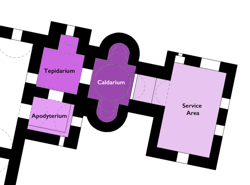 Detailed plan of baths with labels “Apodyterium,” "Tepidarium,” "Caldarium,” and “Service Area,” Quṣayr ʿAmra, Jordan, 724–744 C.E. (Umayyad), stone masonry, interior decorated with wall frescoes and mosaic floors, patron: the prince al-Walid ibn Yazid ibn ʿAbd al-Malik (image: Courtney Lesoon, CC BY, after Nasser Rabbat / Aga Khan Program for Islamic Architecture, MIT)