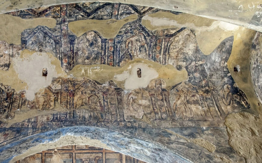 Fresco on vault of central bay, Quṣayr ʿAmra, Jordan, 723–744 C.E. (Umayyad), stone masonry, interior decorated with wall frescoes and mosaic floors, patron: the prince al-Walid ibn Yazid ibn ʿAbd al-Malik (photo: Daniel C. Waugh Archive, Aga Khan Documentation Center at MIT)
