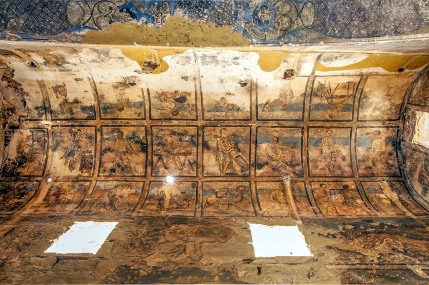 Vault of the east bay of the reception hall, Quṣayr ʿAmra, Jordan, 723–744 C.E. (Umayyad), stone masonry, interior decorated with wall frescoes and mosaic floors, patron: the prince al-Walid ibn Yazid ibn ʿAbd al-Malik (photo: Daniel C. Waugh Archive, Aga Khan Documentation Center at MIT)