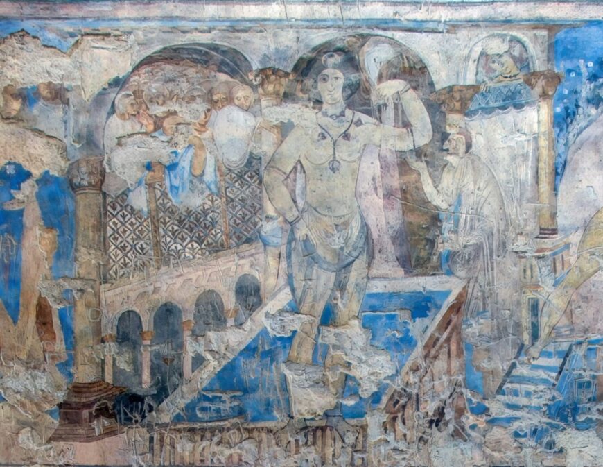 “Bathing beauty,” fresco on west wall of reception hall (detail), Quṣayr ʿAmra, Jordan, 724–744 C.E. (Umayyad), stone masonry, interior decorated with wall frescoes and mosaic floors, patron: the prince al-Walid ibn Yazid ibn ʿAbd al-Malik (photo: MCID Columbia University)