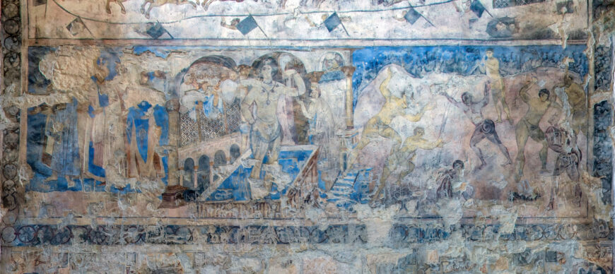 “Bathing beauty,” fresco on west wall of reception hall, Quṣayr ʿAmra, Jordan, 724–744 C.E. (Umayyad), stone masonry, interior decorated with wall frescoes and mosaic floors, patron: the prince al-Walid ibn Yazid ibn ʿAbd al-Malik (photo: MCID Columbia University)