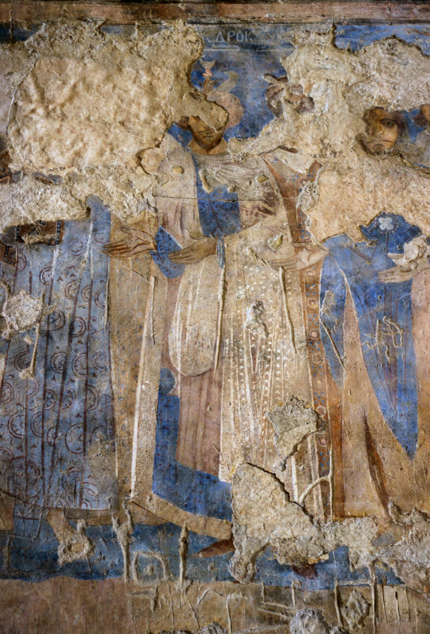 “Fresco of the Six Kings,” fresco on west wall of reception hall (detail), Quṣayr ʿAmra, Jordan, 723–744 C.E. (Umayyad), stone masonry, interior decorated with wall frescoes and mosaic floors, patron: the prince al-Walid ibn Yazid ibn ʿAbd al-Malik (photo: Sean Leatherbury/Manar al-Athar)