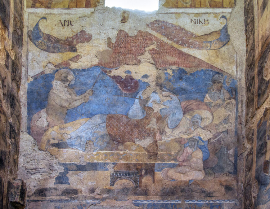 Portrait of the prince al-Walid ibn Yazid ibn ʿAbd al-Malik, fresco on the south wall of the west bay of the reception hall, Quṣayr ʿAmra, Jordan, 724–744 C.E. (Umayyad), stone masonry, interior decorated with wall frescoes and mosaic floors, patron: the prince al-Walid ibn Yazid ibn ʿAbd al-Malik (photo: Agnieszka Szymanska/Manar al-Athar)
