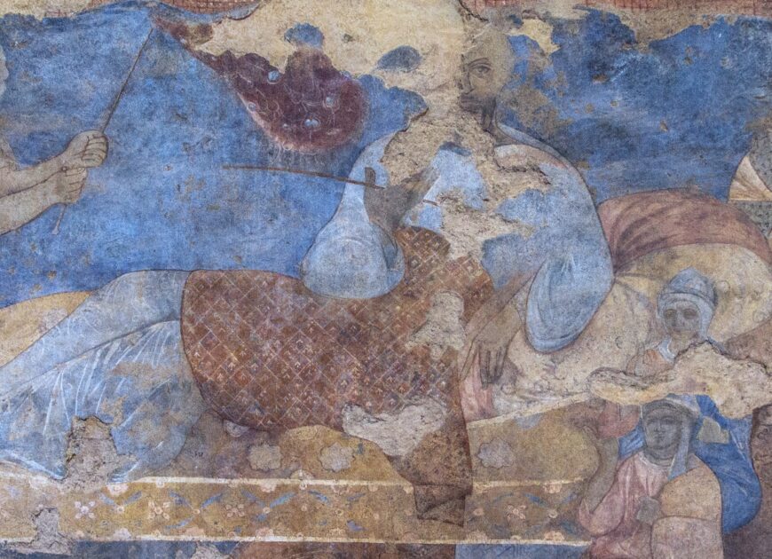 Portrait of the prince al-Walid ibn Yazid ibn ʿAbd al-Malik with his two sons (detail), fresco on the south wall of the west bay of the reception hall, Quṣayr ʿAmra (photo: Agnieszka Szymanska/Manar al-Athar)