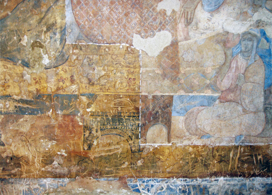 Restoration in progress, uncleaned and cleaned portions divided by segmented white line, fresco on the south wall of the west bay of the reception hall (detail), Quṣayr ʿAmra, Jordan, 724–744 C.E. (Umayyad), stone masonry, interior decorated with wall frescoes and mosaic floors, patron: the prince al-Walid ibn Yazid ibn ʿAbd al-Malik (photo: A Reyes/E Khamis/Manar al-Athar)