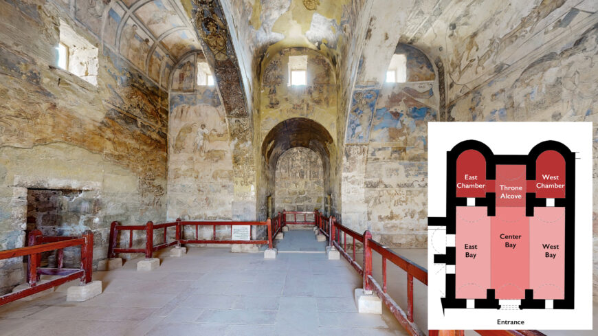 View of reception hall from entrance with inset of detailed plan of reception hall with labels “Entrance,” “East Bay,” “Center Bay,” “West Bay,” "East Chamber," “Throne Alcove,” and “West Chamber,” Quṣayr ʿAmra, Jordan, 724–744 C.E. (Umayyad), stone masonry, interior decorated with wall frescoes and mosaic floors, patron: the prince al-Walid ibn Yazid ibn ʿAbd al-Malik (image: © TrueMarkets 3D/ Google; plan: Courtney Lesoon, CC BY, after Nasser Rabbat / Aga Khan Program for Islamic Architecture, MIT)