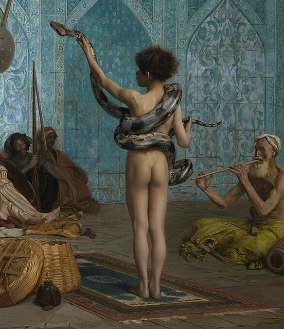 Boy with boa constrictor (detail), Jean-Léon Gérôme, The Snake Charmer, c. 1879, oil on canvas, 82.2 x 121 cm (Sterling and Francine Clark Art Institute, Williamstown)