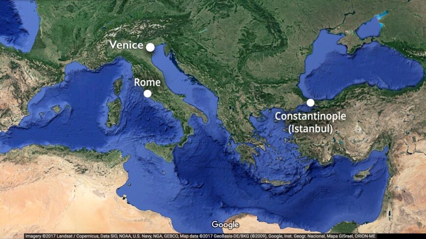 Map showing the location of Venice, Rome, and Constantinople (underlying map © Google). The boundaries of the Byzantine Empire shifted and contracted during its nearly one-thousand-year existence