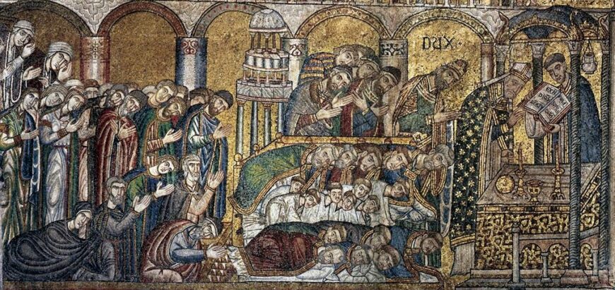 The doge (labelled "DUX" above), clergy, and patricians of Venice pray inside the basilica for the relics to be found. Preghiera, Prayers for the discovery of the body mosaic (Basilica San Marco, Venice)