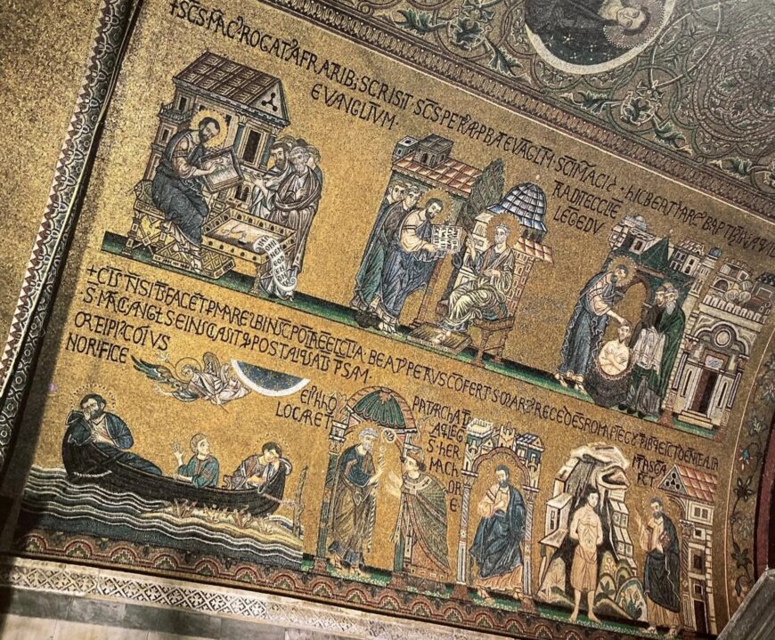 Bottom left: Dream of Saint Mark: an angel appears to Saint Mark dreaming on a boat and tells him his body will rest here—the location that will become Venice centuries after his death, Cappella Zen mosaics (Basilica San Marco, Venice)