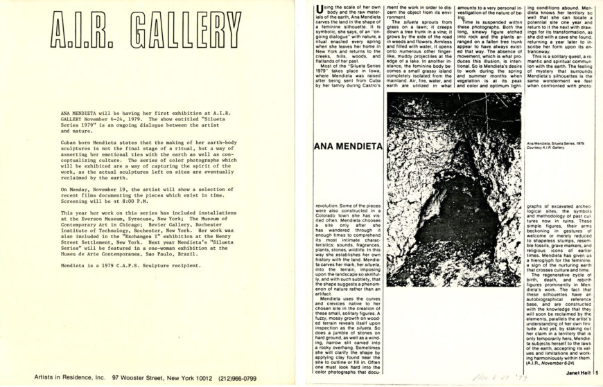 Press release for Ana Mendieta's exhibition at A.I.R. Gallery "Silueta Series 1979," 1979 (A.I.R. Gallery, New York)