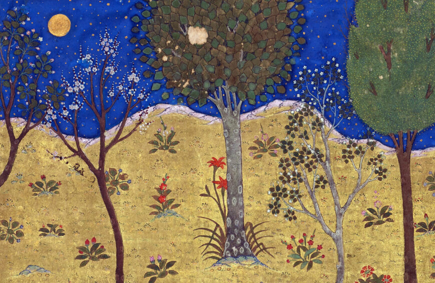 The poet with his friends in the orchard at night, from Prince Baysunghur's Rose Garden (Gulistan) by Sa?di, 1427 (Timurid; Herat, Afghanistan), ink, gold, and pigment on paper, 25.2 x 15.9 x 1.7 cm (Chester Beatty, Dublin, Per 119)