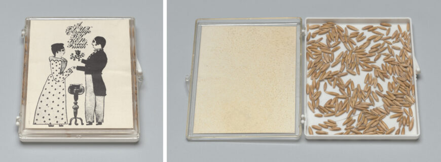 Ken Friedman, A Flux Corsage, 1969, plastic box with offset label, containing seeds, 12 x 10 x 1.3 cm (The Museum of Modern Art, New York) © Ken Friedman