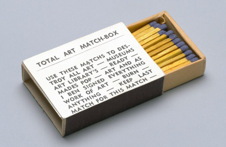 Ben Vautier, Total Art Match-Box, c. 1965, matchbox and matches, with offset label, 3.8 x 5.2 x 1.3 cm (The Museum of Modern Art, New York) ? Ben Vautier