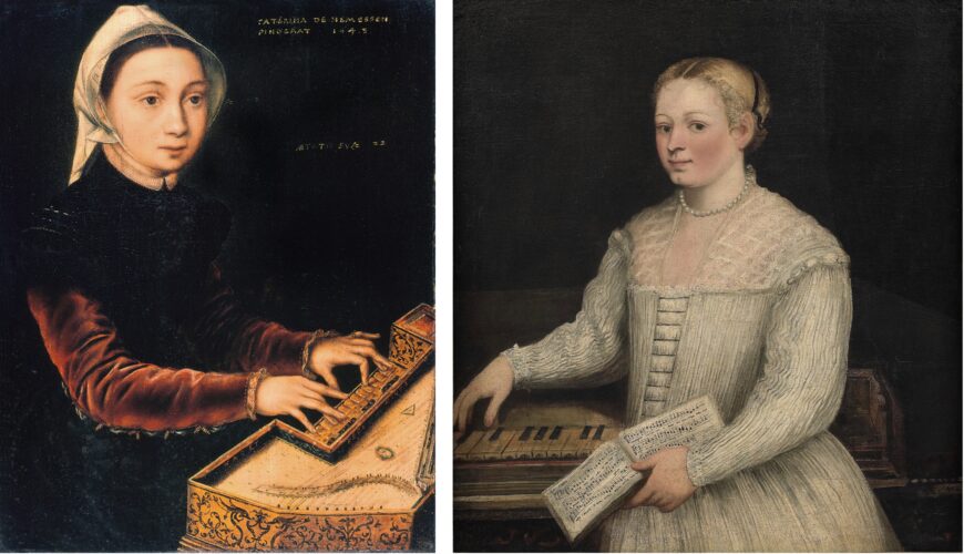 Left: Catharina van Hemessen, Self-Portrait at Virginal, 1548, oil on oak wood, 30.5 x 24 cm (Wallraf-Richartz Museum, Cologne); right: Marietta Robusti (Tintoretto/Tintoretta), Self-Portrait with Madrigal, 1578, oil on canvas, 93.5 x 91.5 cm (Gallerie degli Uffizi, Florence)