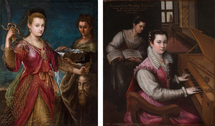Left: Lavinia Fontana, Judith with the Head of Holofernes, c. 1600, oil on canvas, 123 x 97 cm (Museo Davia Bargellini, Bologna); right: Lavinia Fontana, Self-Portrait at the Spinet, 1577, oil on canvas, 27 x 24 cm (Accademia Nazionale di San Luca, Rome)