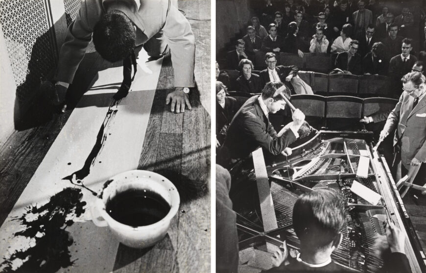 Performances at the Fluxus Internationale Festspiele Neuester Musik, Städtisches Museum, Wiesbaden, September 1–23, 1962. Left: La Monte Young, Composition 1960 #10 (to Bob Morris), performed by Nam June Paik; right: Philip Corner, Piano Activities, 1962, performed by various artists in attendance, gelatin silver prints, 20.8 x 16.1 cm (The Museum of Modern Art, New York)